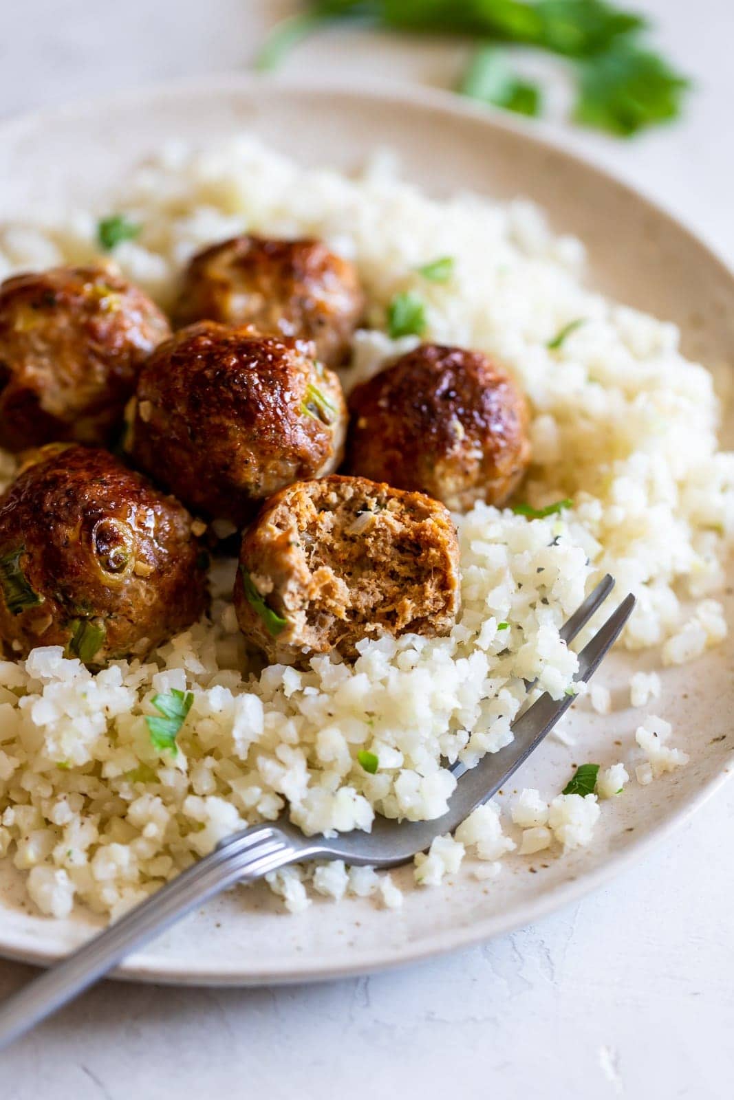 Turkey meatballs sitting on bed of rice