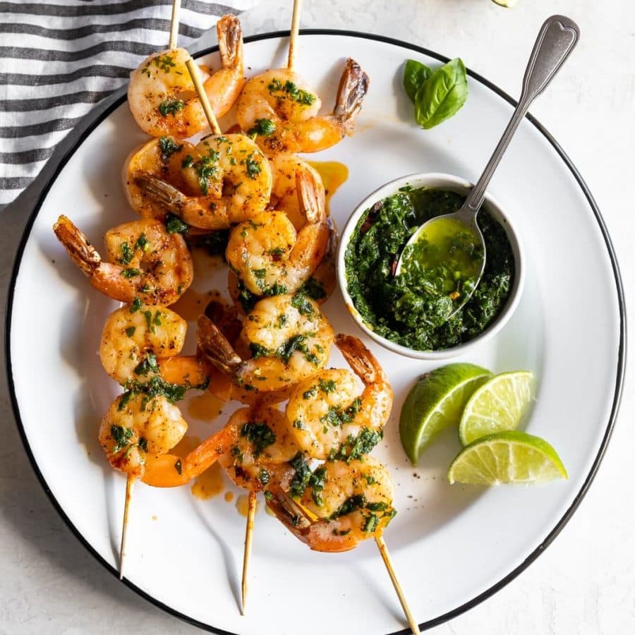 15-Minute Basil Chimichurri Shrimp Skewers - A Sassy Spoon