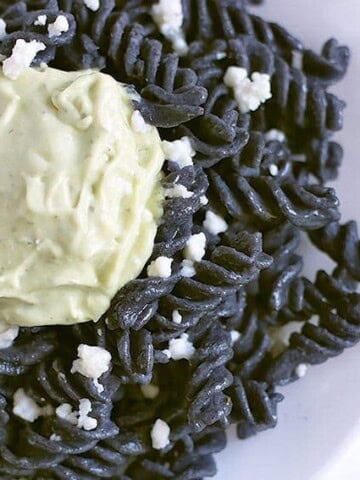 Black bean rotini served with avocado crema