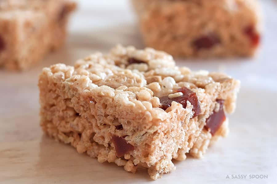 Deliciously sweet, ooey gooey treats made with crispy rice cereal, guava marmalade marshmallow cream and cubes of guava paste!