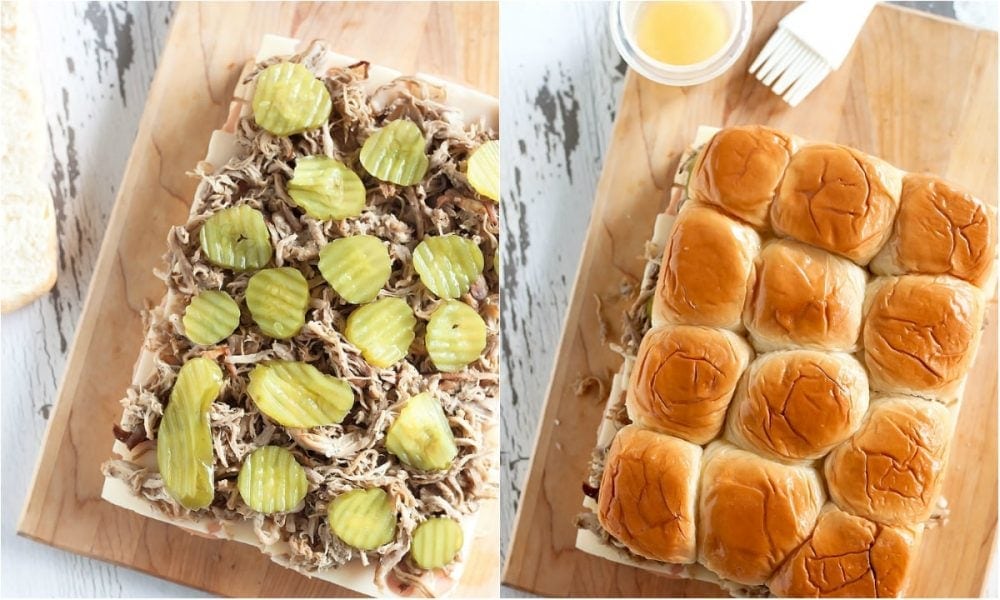 Cuban medianoche sandwiches turned Cuban sliders! Ham, swiss cheese, Cuban-style pulled pork, pickles & mustard on toasted, buttered Hawaiian dinner rolls. Perfect for game day or entertaining at home!