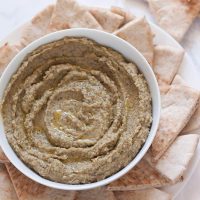 Kalamata olive hummus without tahini! A creamy, boldly flavored hummus made with kalamata olives, garlic, and spices. Perfect snack ready in 5 minutes!