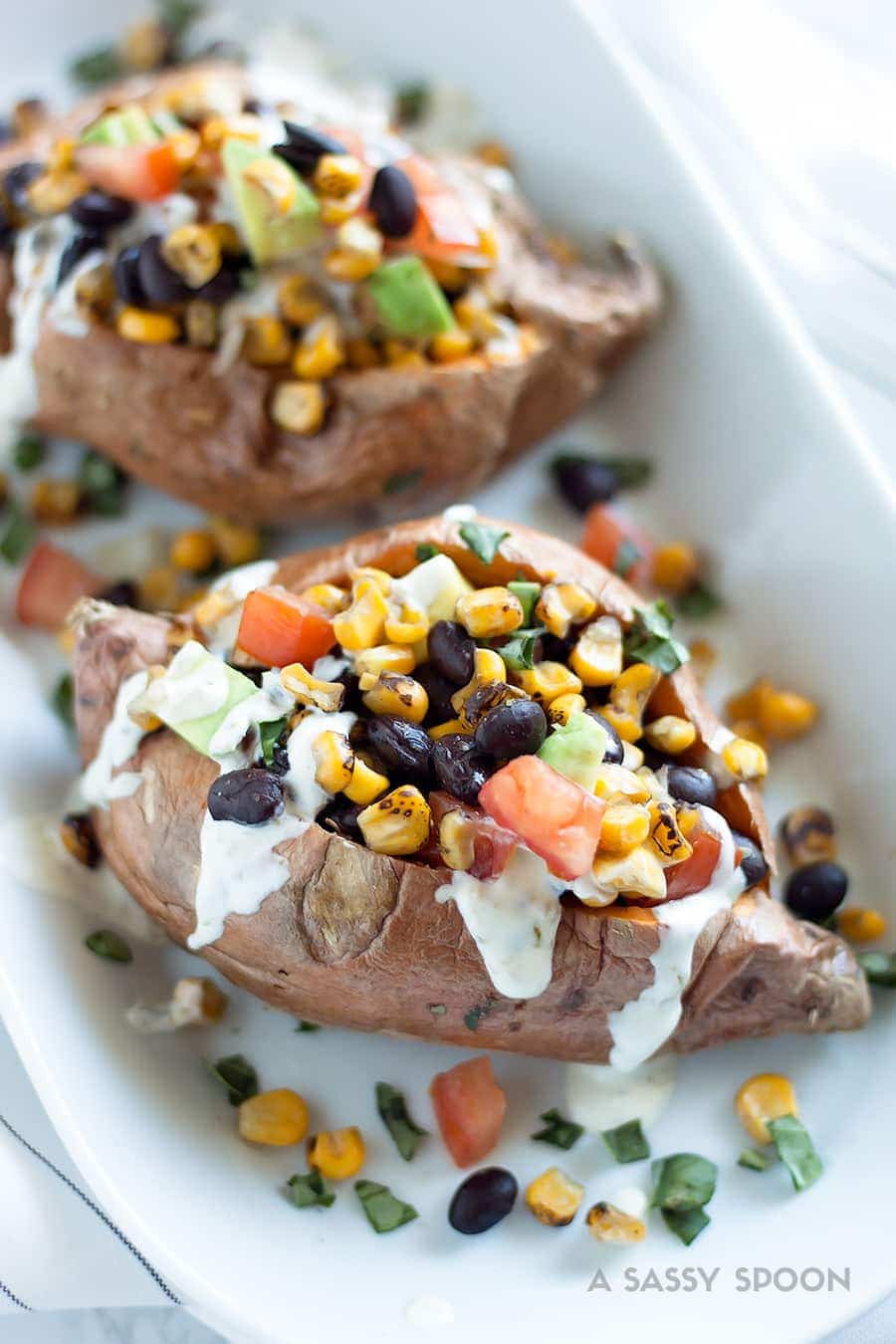 20-Minute Loaded Vegetarian Stuffed Sweet Potatoes - A Sassy Spoon