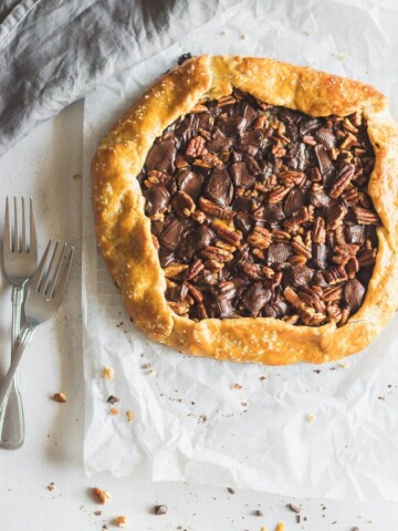 Everything you love about pecan pie but WAY easier. This flaky buttery pecan pie galette has dark chocolate, strong espresso, raw honey, and chopped pecans.