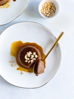 Mini Toasted Hazelnut Mocha Flans. Traditional flan gone modern using dark chocolate, strong espresso, and toasted hazelnuts.