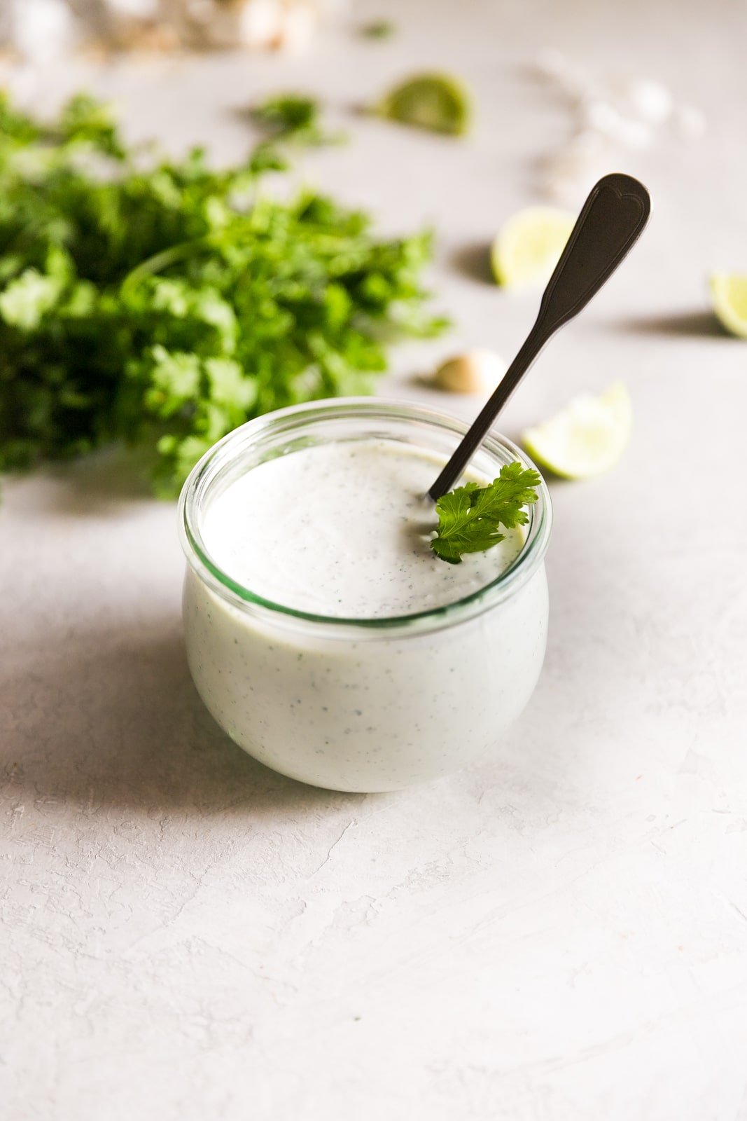 Tangy and creamy Cilantro Garlic Sauce in a serving dish with spoon