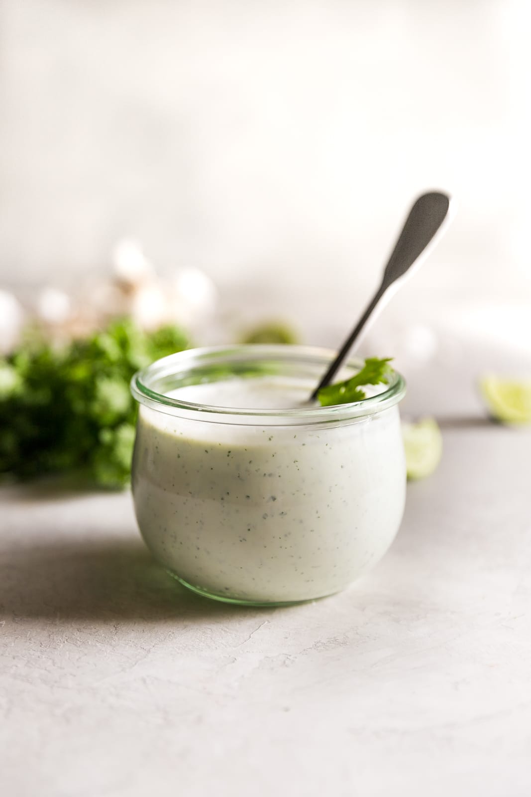 Tangy and creamy Cilantro Garlic Sauce in a serving dish with spoon