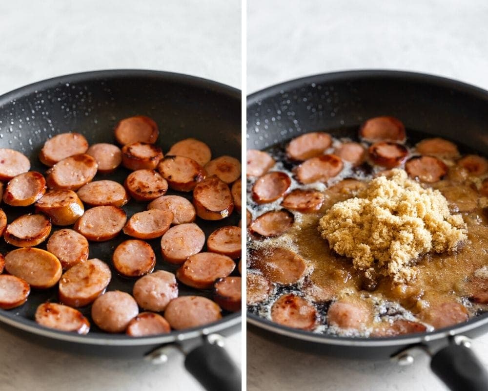 sliced kielbasa being browned on the pan and then being caramelized with brown sugar and coke