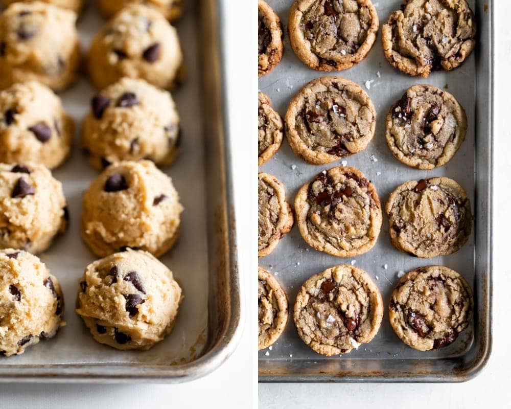 collage showing cookie dough balls and freshly baked chocolate chip cookies