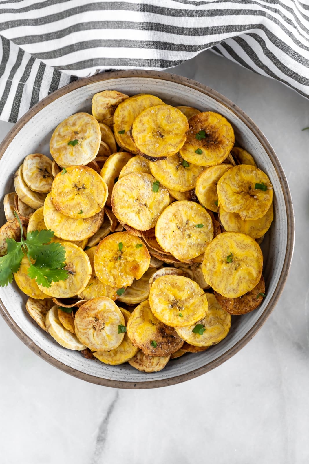 Crispy, salty, baked plantain chips with a vegan garlic dip. The perfect paleo, dairy-free, vegan snack made with just 5-ingredients!