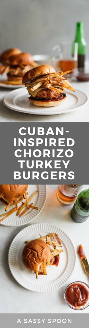 A Cuban-inspired burger made with ground turkey, chorizo, chopped onions, spices, melted gruyere, homemade shoestring potatoes, and guava BBQ sauce served on toasted hamburger buns.