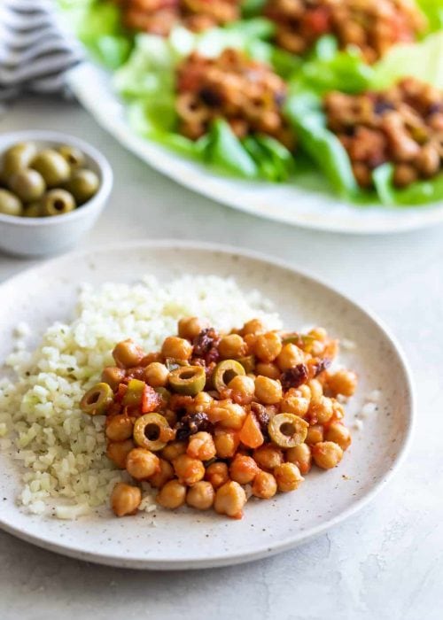 chickpeas recipe made Cuban-style on a plate with cauliflower rice