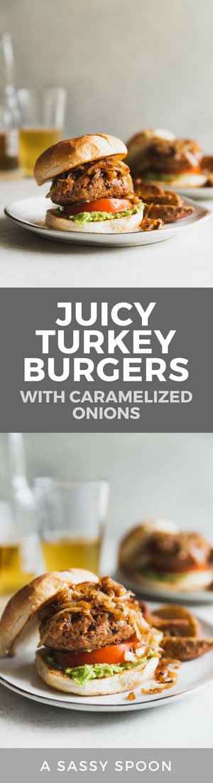 Tender, flavorful juicy turkey burgers made with the best seasoning then topped with mashed avocado, tomato and caramelized onions.