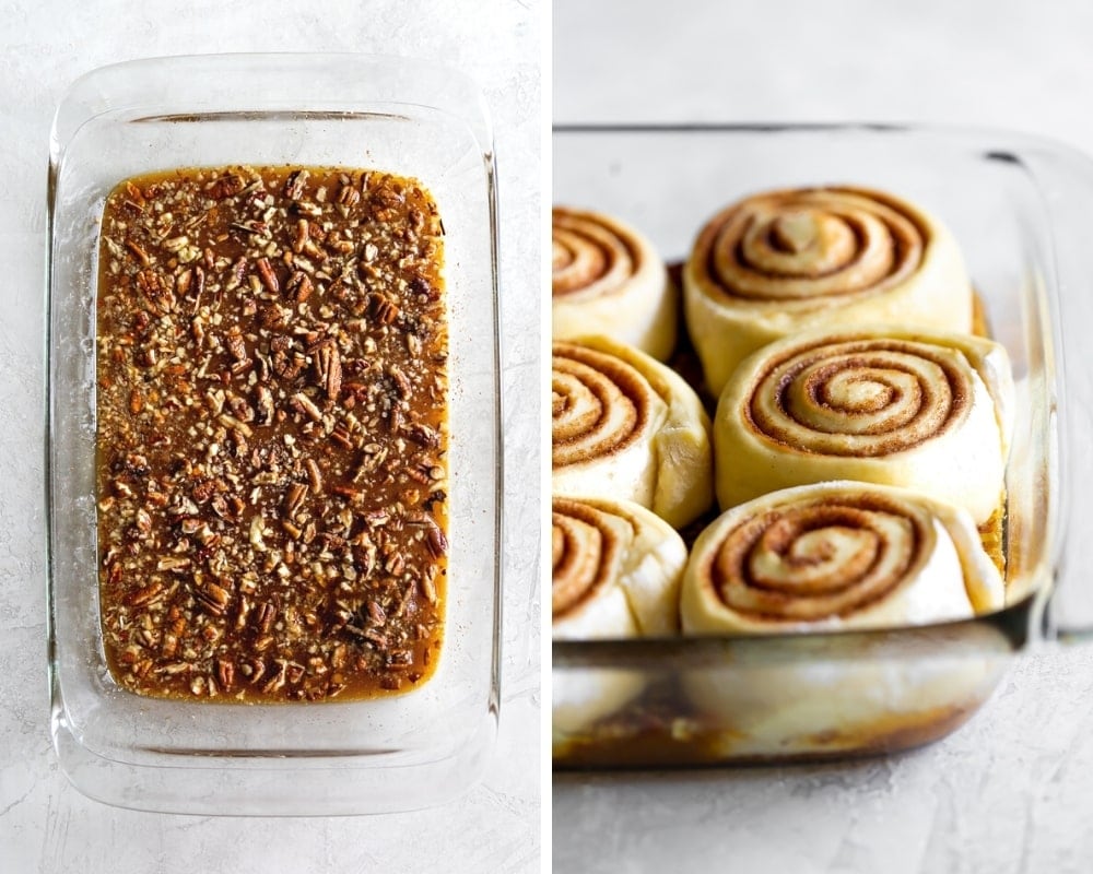 rum toffee sauce with pecans in a baking dish and rolls before baking