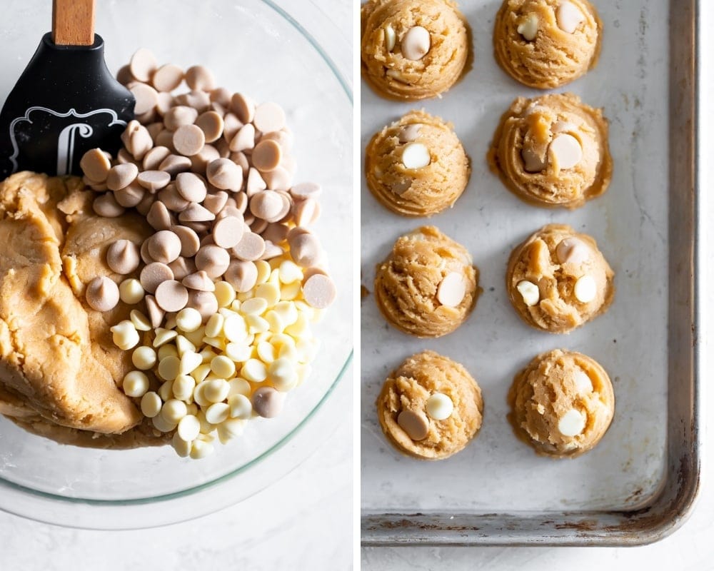 caramel chips and white chocolate chips in a bowl with the cookie dough and the cookie dough balls on a baking sheet