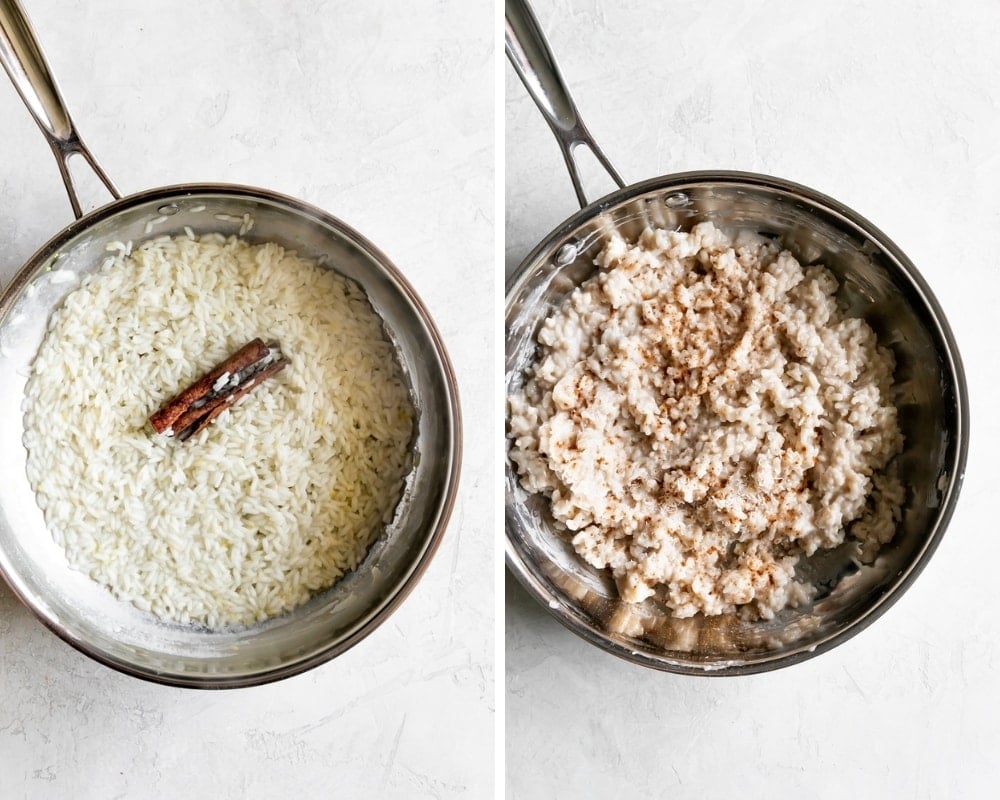 collage of rice pudding before and after with cinnamon and coconut flakes