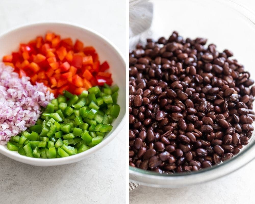chopped veggies in a bowl and soaked, soften black beans in a bowl 