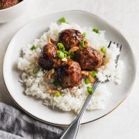 Juicy, tender chicken meatballs made with cashews, panko breadcrumbs, spices, and a super easy stir fry sauce. Perfectly cooked in 10 minutes!