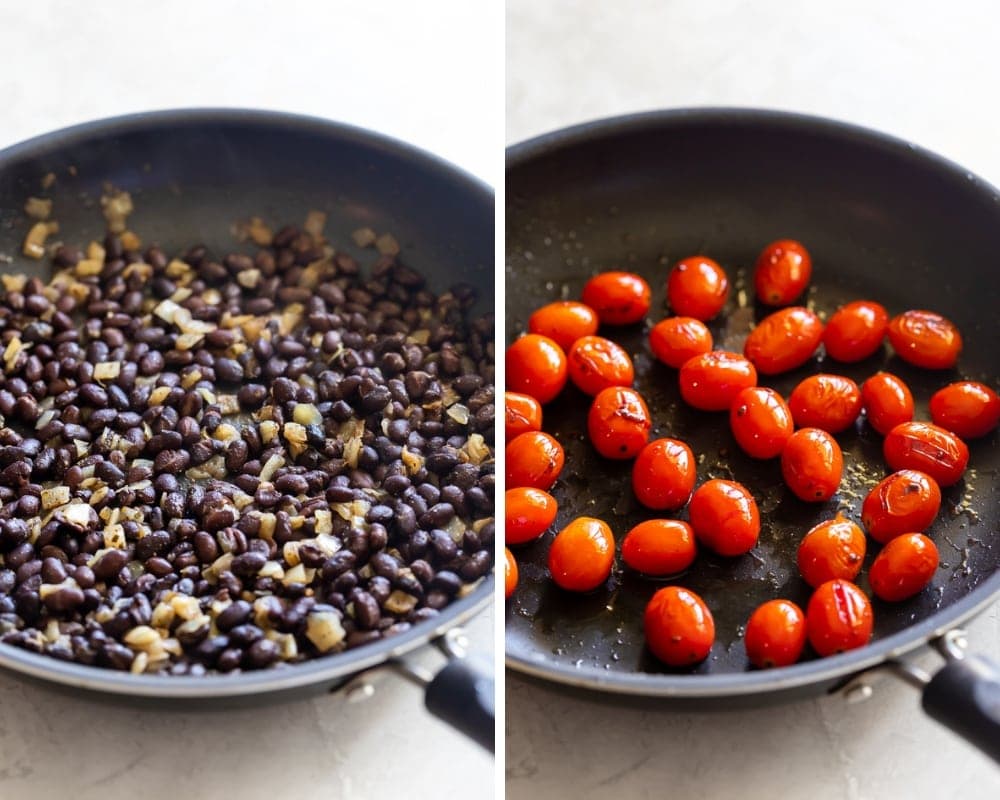 two photo collage showing black beans and onions sautÃ©ed in a skillet and charred grape tomatoes with olive oil salt and pepper in a skillet