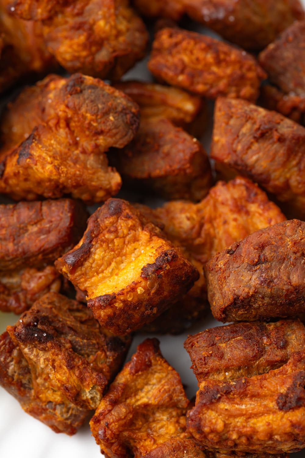 A close up of chicharrones de puerco showing all the details of the crispiness.