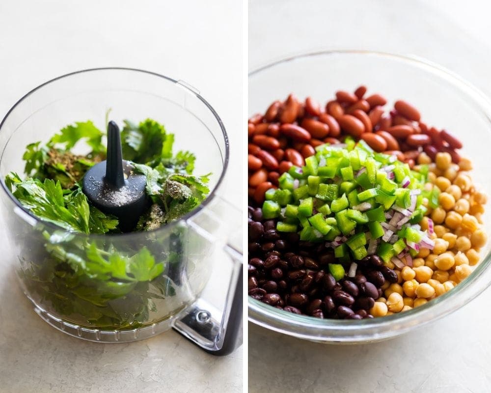 collage of food processor with chimichurri ingredients parsley and cilantro AND a bowl with kidney beans, black beans, chickpeas, green peppers, red onions