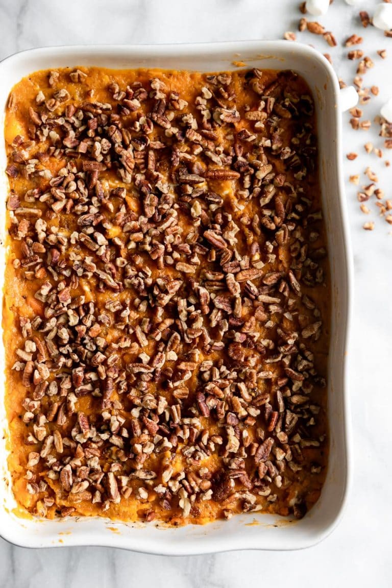 Sweet Potato Casserole with Marshmallows and Candied Pecans