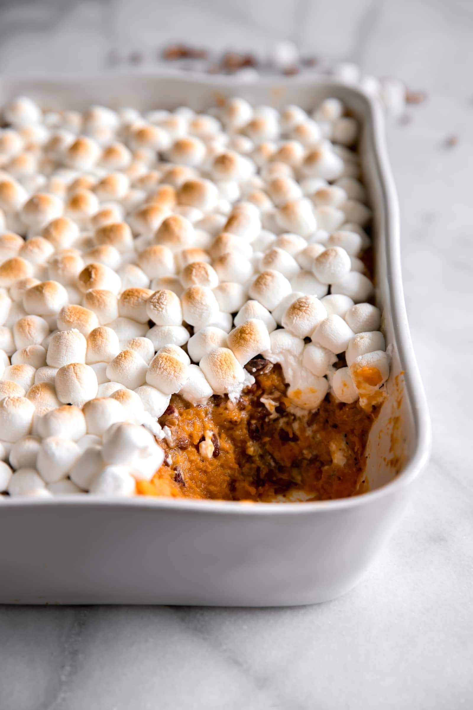 Sweet Potato Casserole with Marshmallows and Candied Pecans