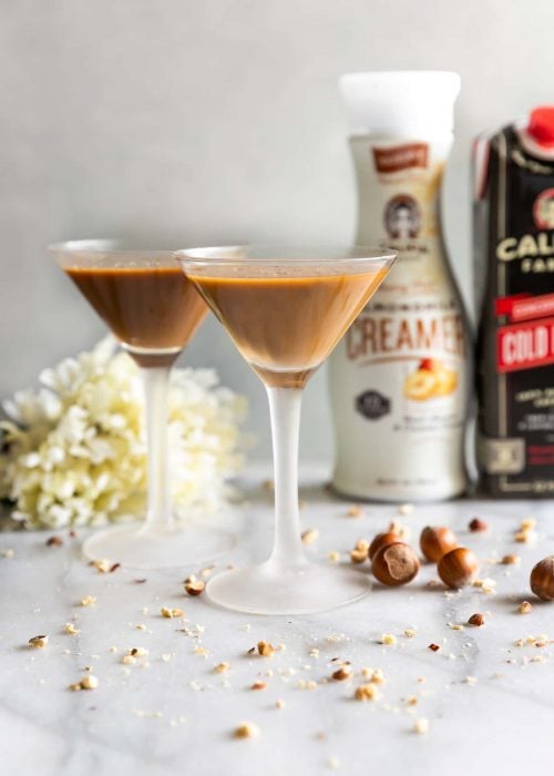 Creamy Hazelnut Cold Brew Martini. A rich velvety espresso martini with cold brew coffee, dairy-free hazelnut creamer, coffee liqueur, and vodka. The perfect pick-me-up for any day of the week!