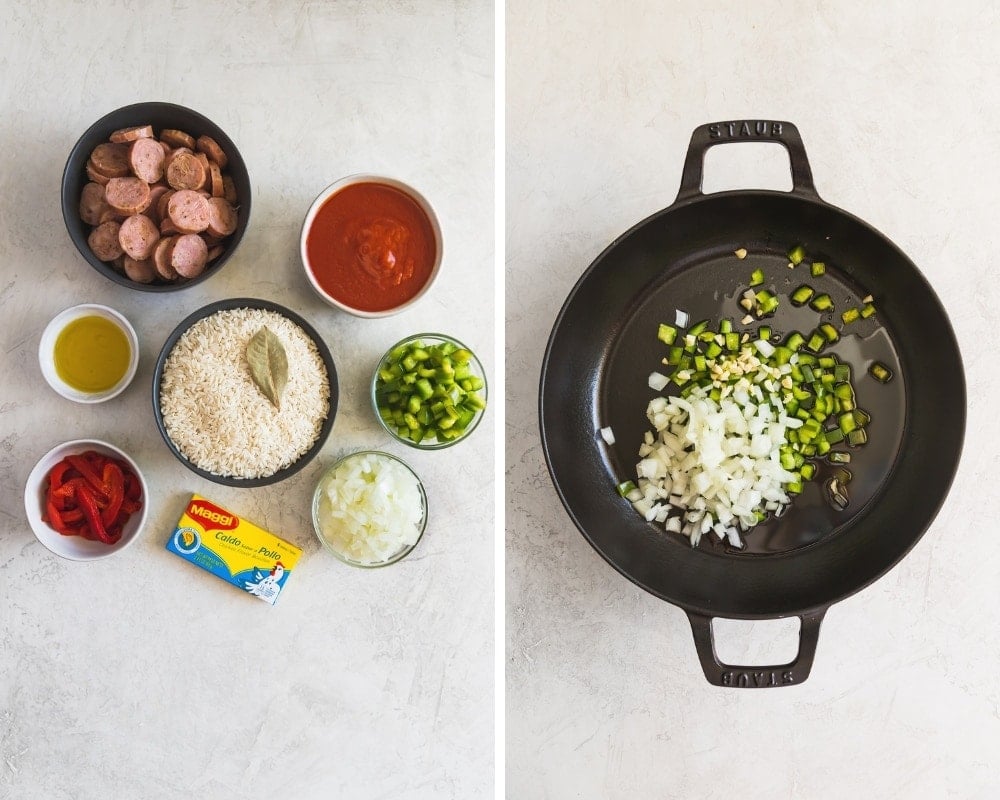 ingredients for arroz con salchicha in a skillet