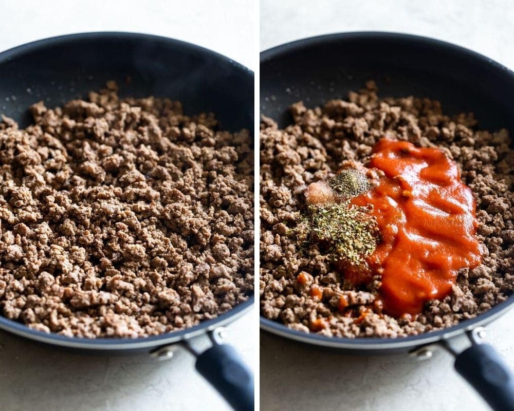 browning ground beef and adding tomato sauce and spices for picadillo recipe