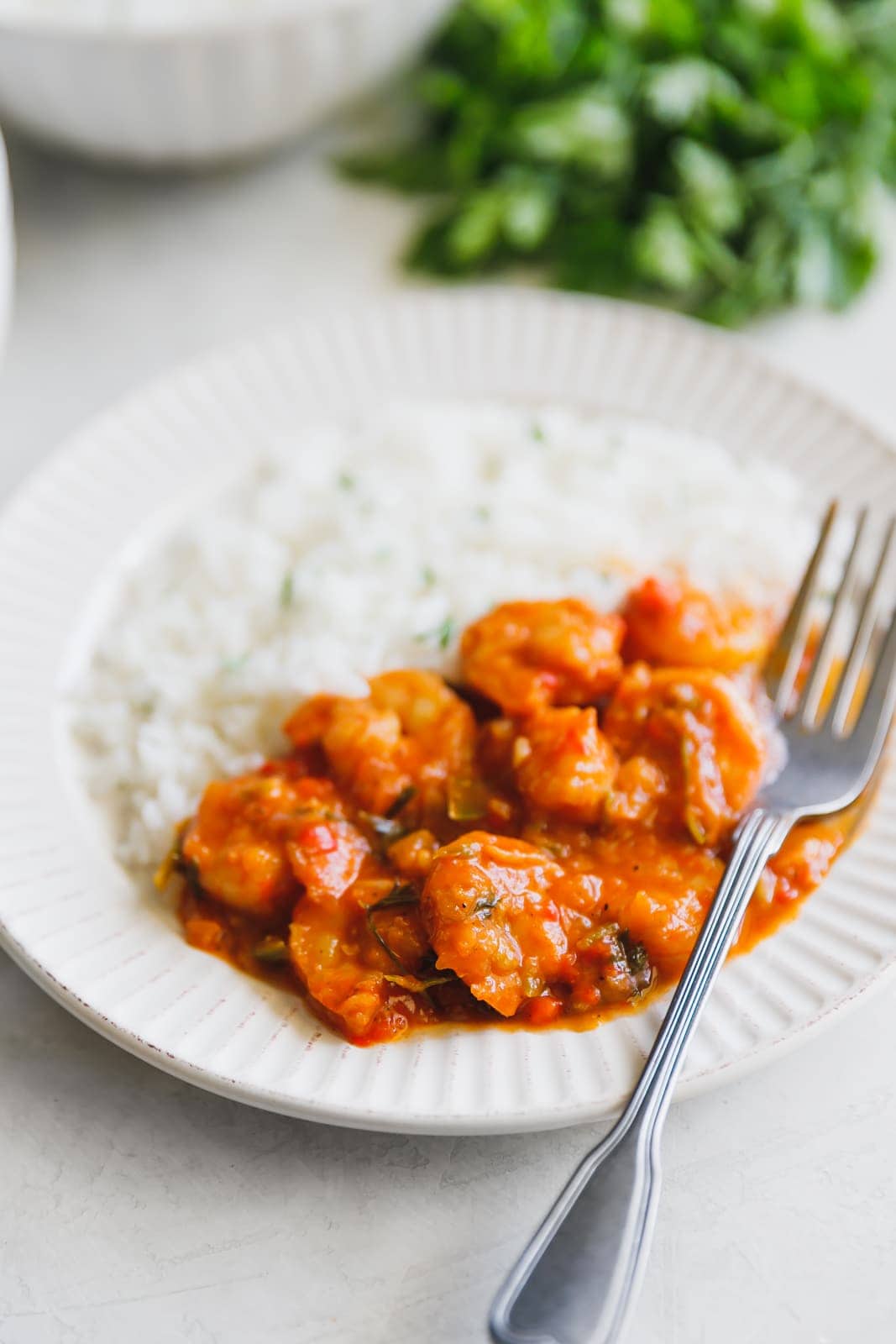 Cuban camarones enchilados served with white rice