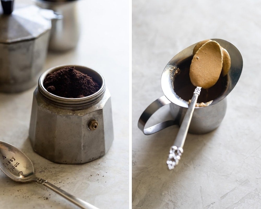 collage of moka pot with ground cuban coffee and sugar foam (espumita)