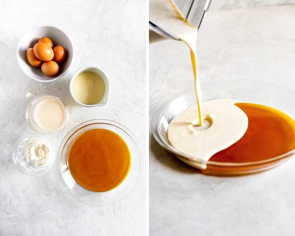 ingredients for flan de queso and pouring the milk mixture onto a round pan