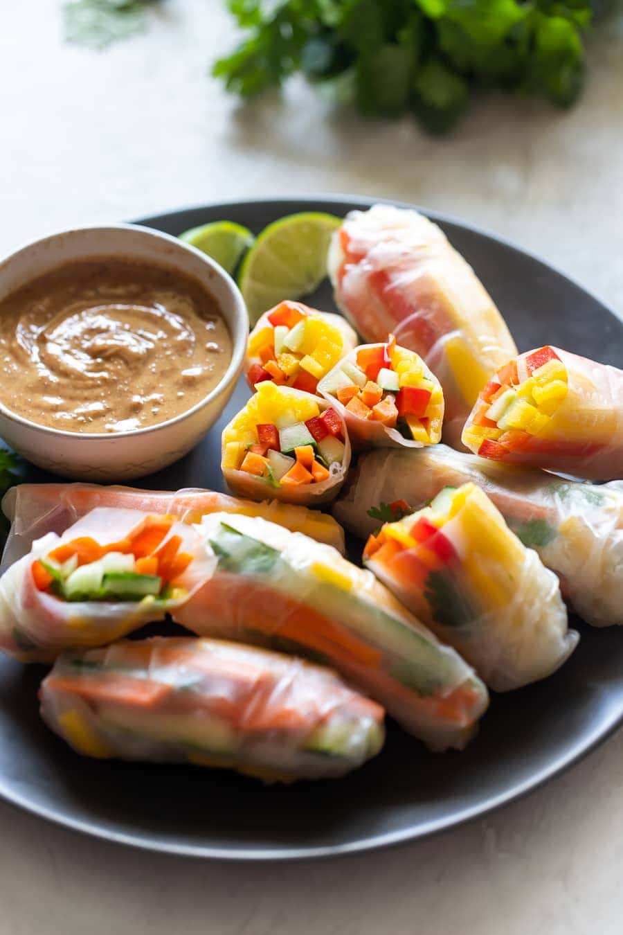 a plate with vegetable spring rolls and thai peanut sauce