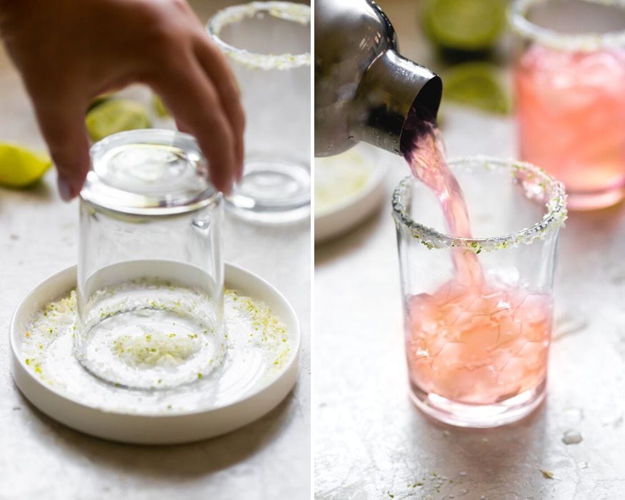 how to rim the glass with the coconut lime salt and pour the guava margarita from the cocktail shaker into the prepared glass