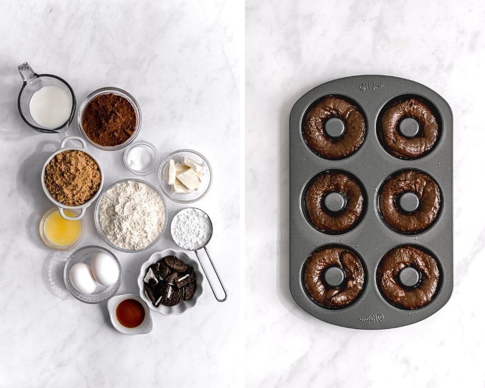 ingredients for oreo donuts and chocolate donuts in donut pan