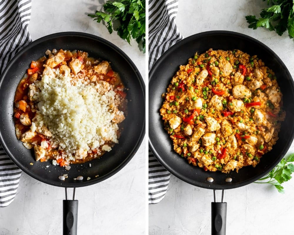 large skillet with ingredients for low carb arroz con pollo