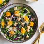 A Summer kale salad made with mango, blueberries, shaved Brussels sprouts, radicchio, Asiago cheese, Parmesan garlic croutons and tangy lemon vinaigrette. Just 3 ingredients!
