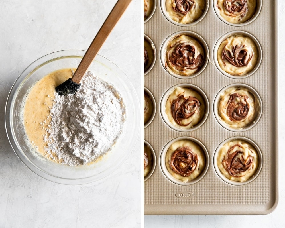 photo collage of bowl with banana muffin batter and a oxo muffin tin with nutella banana muffin batter