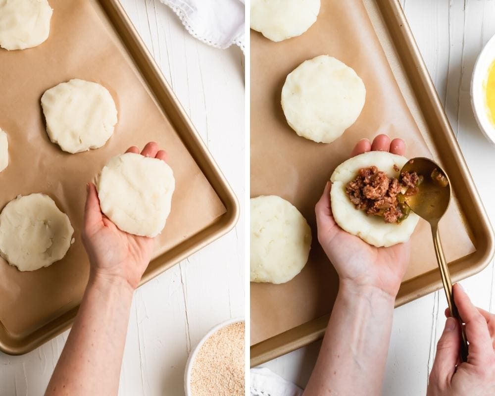 stuffing the potato balls with savory Cuban picadillo