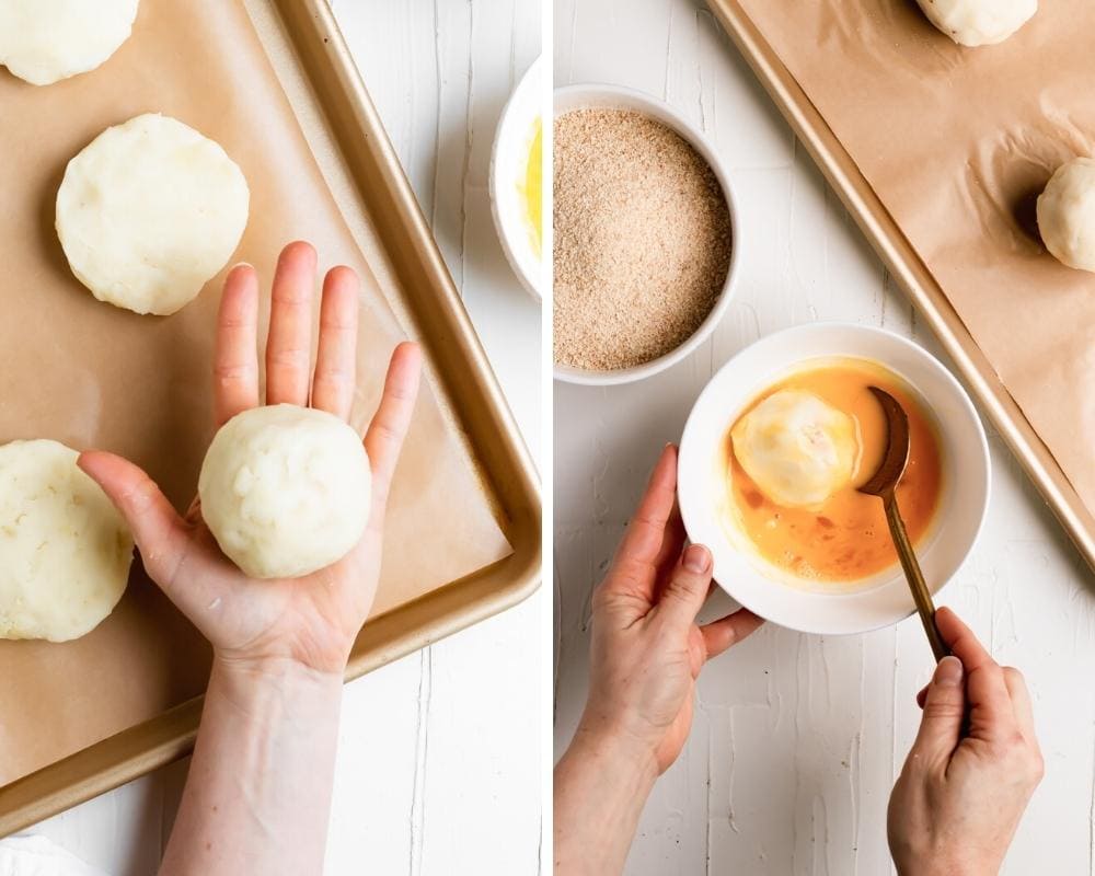 breading station for papas rellenas with egg wash