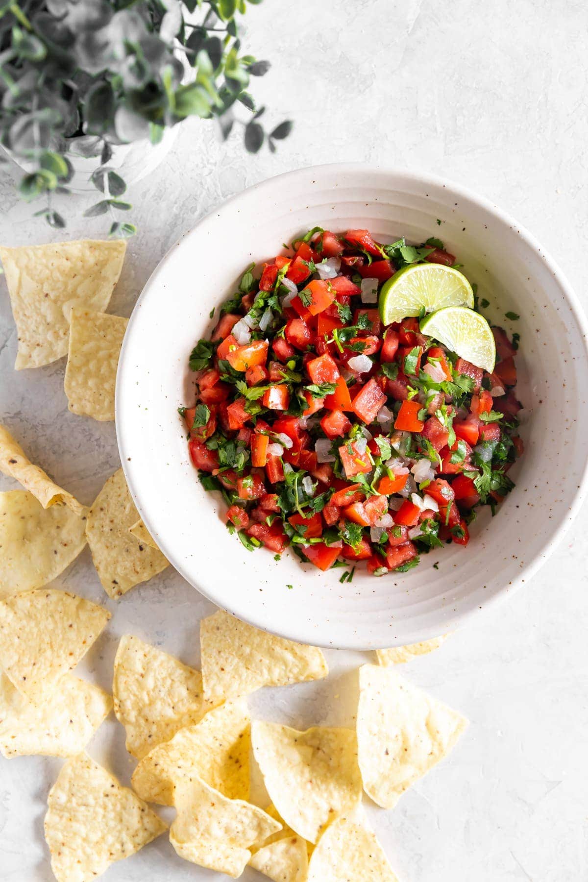 top view of the pico de gallo in a white bowl with tortilla chips