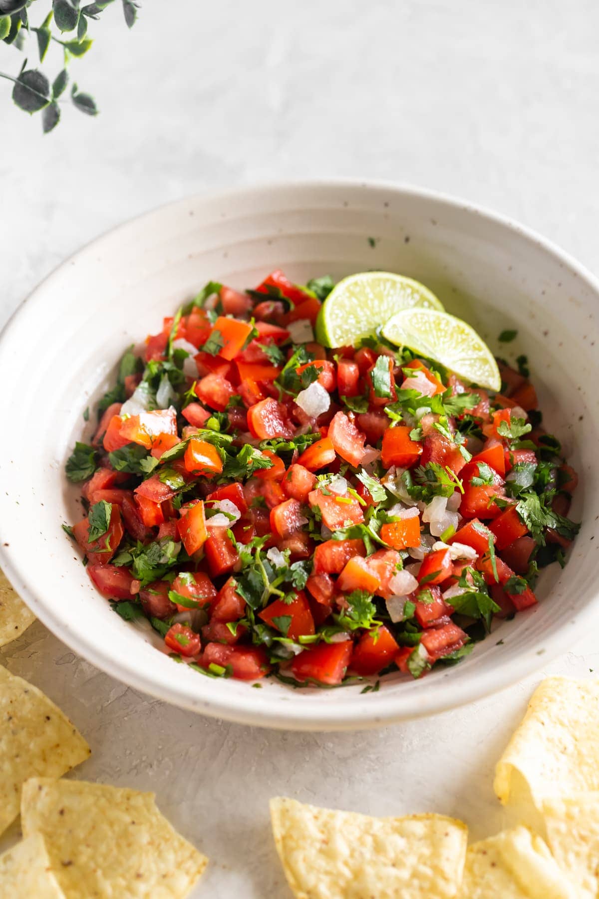 easy pico de gallo served in a bowl  with tortilla chips