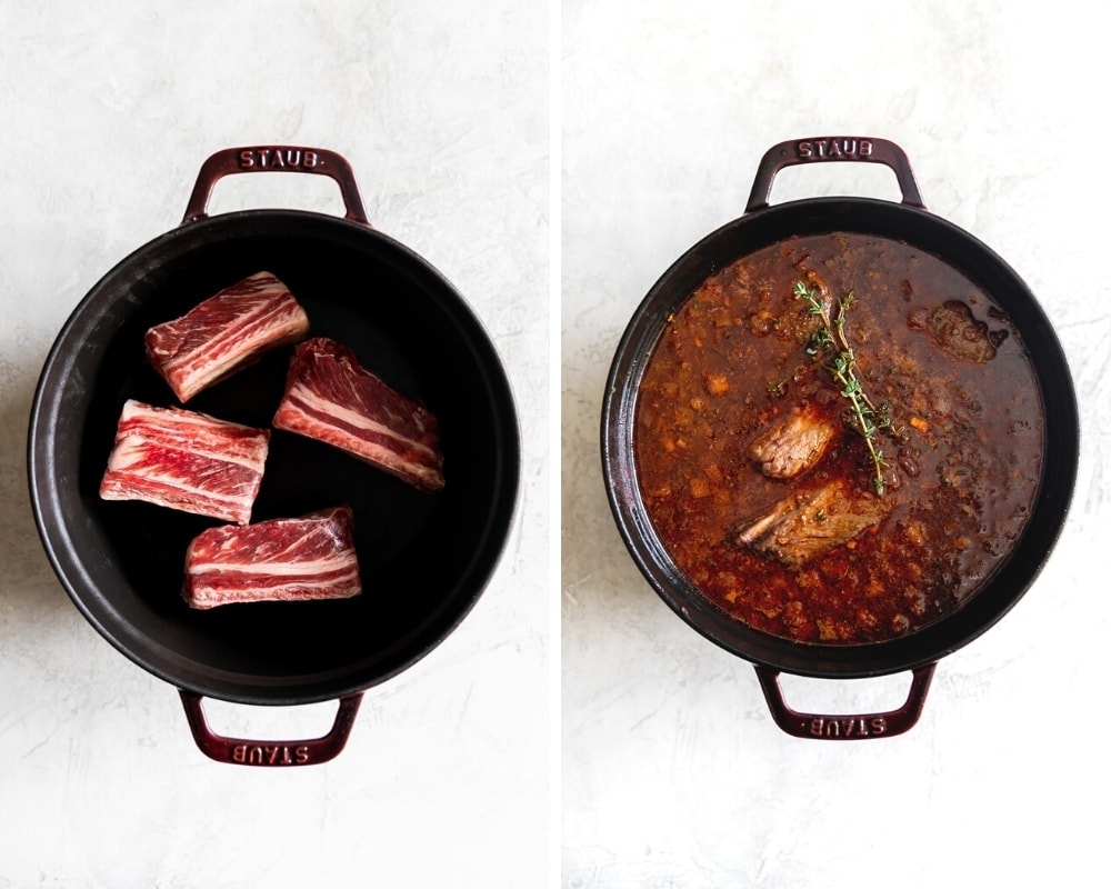 short ribs in a Dutch oven before cooking and in a rich red wine sauce after cooking