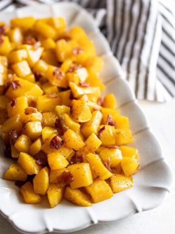 A simple savory roasted butternut squash with crisp pieces of bacon. A healthy, easy to make side dish made with just 3 ingredients!