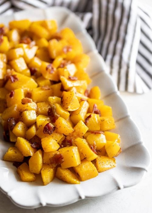 A simple savory roasted butternut squash with crisp pieces of bacon. A healthy, easy to make side dish made with just 3 ingredients!