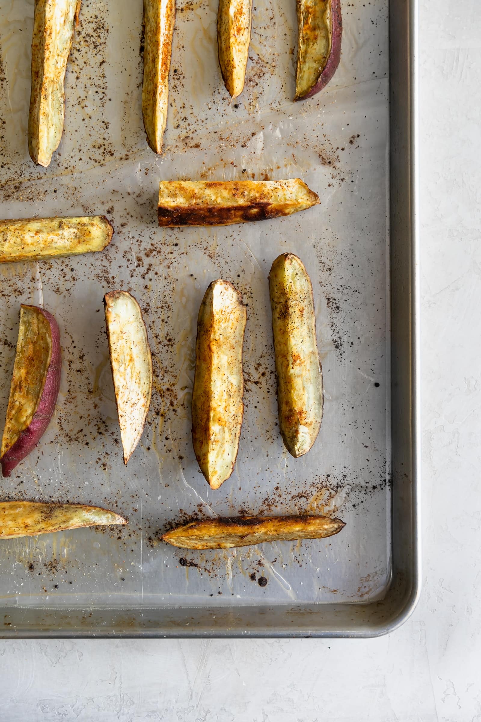 Japanese sweet potato fries, sprinkled with chili powder, salt, and pepper, roasted then served with a charred scallion creme fraiche. Perfect appetizer!