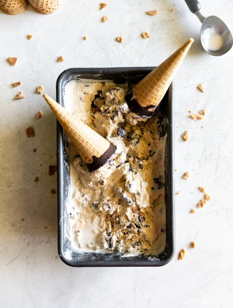 Homemade Salted Caramel Ice Cream with Chocolate Waffle Cone Pieces