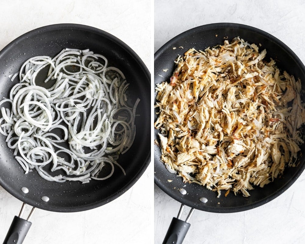 the process of making cuban shredded chicken white onions in a pan shredded chicken in a pan