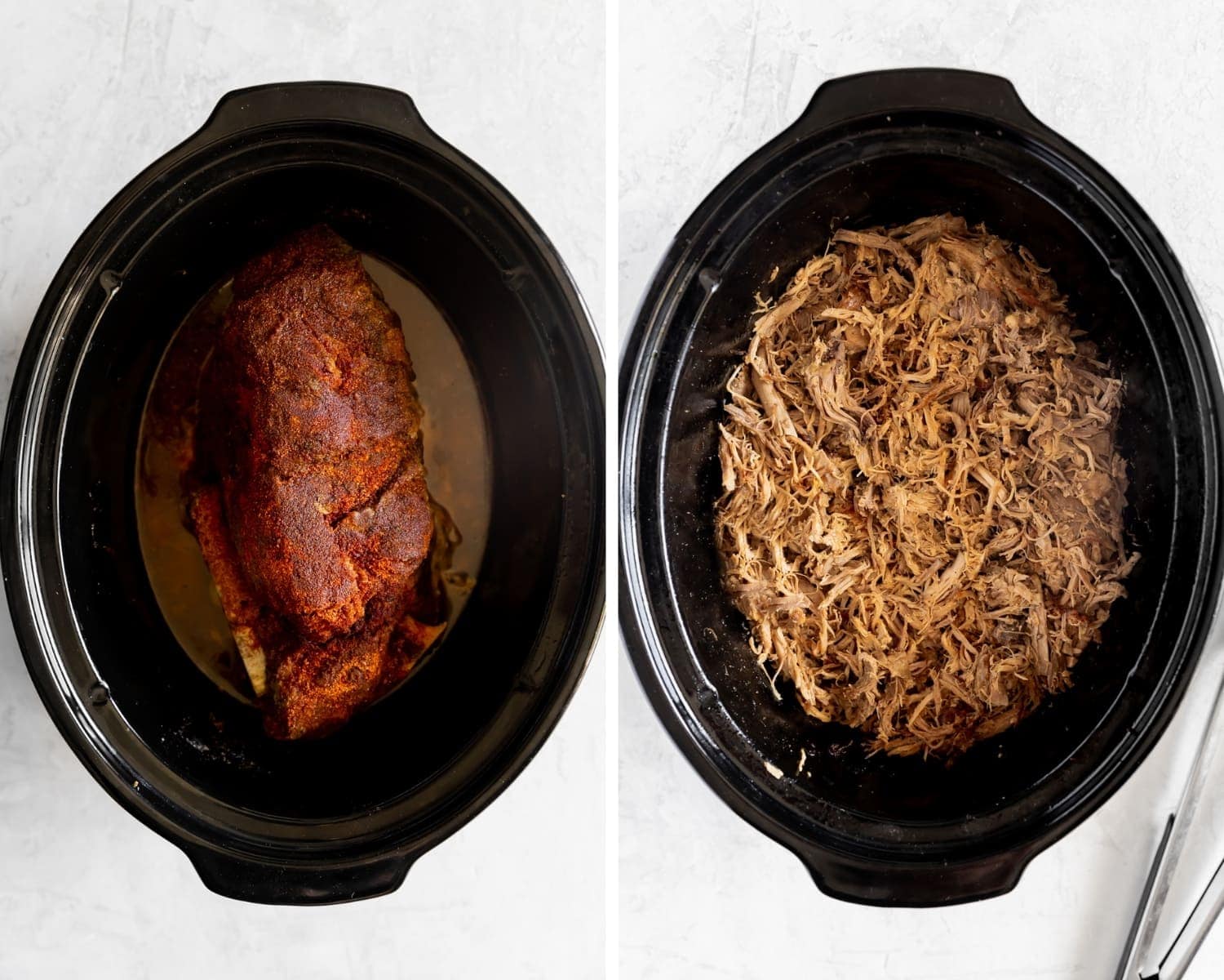 pulled pork in the slow cooker before and after cooking